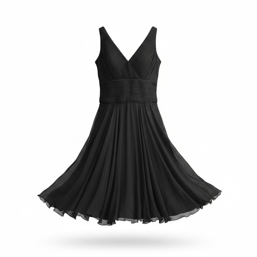 Tadashi Collection Black 100% Silk Pleated Chiffon Cocktail Dress 12 OC9052M